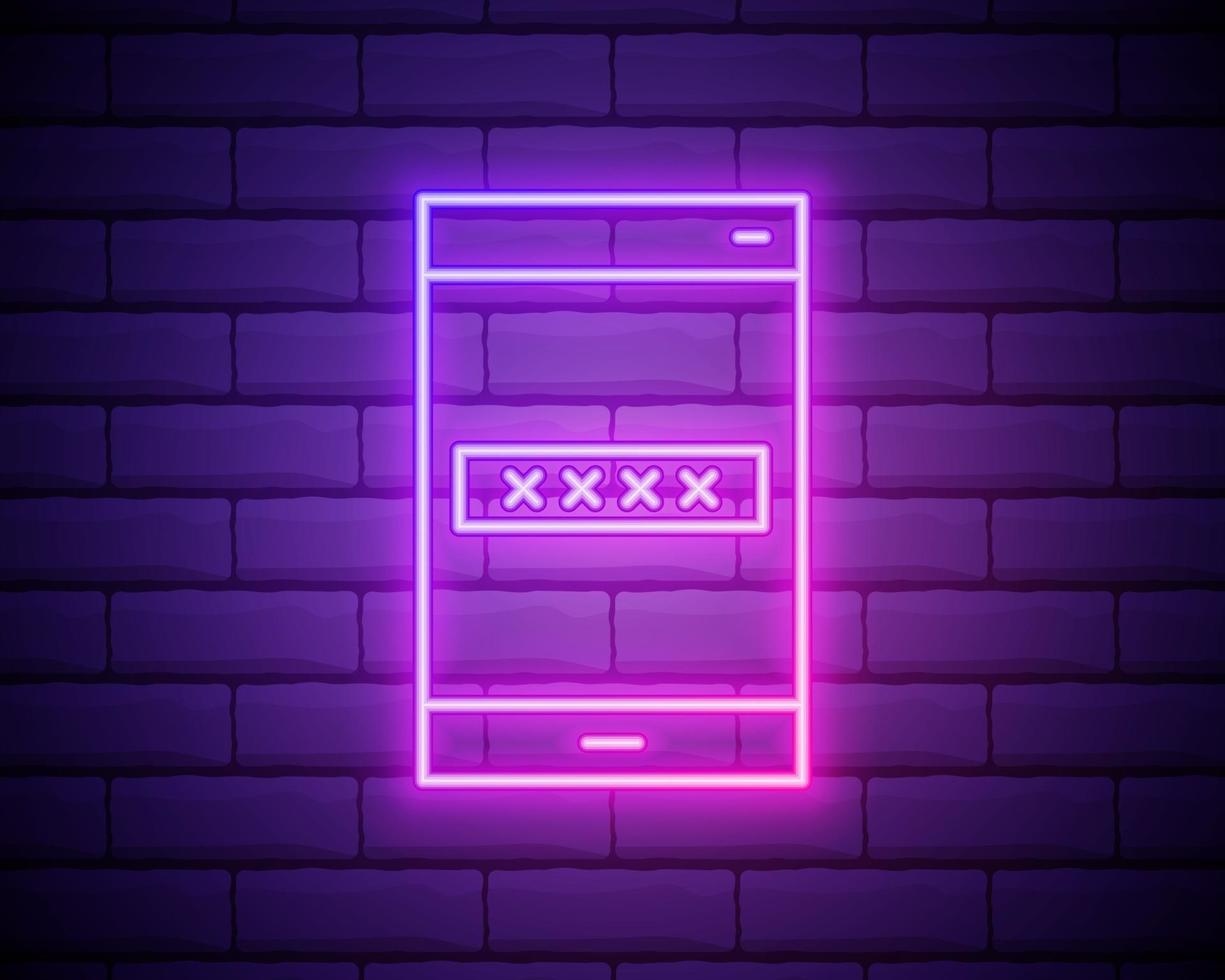 gloeiend neon multifactor, authenticatiepictogram in twee stappen geïsoleerd op bakstenen muur achtergrond. vector illustratie