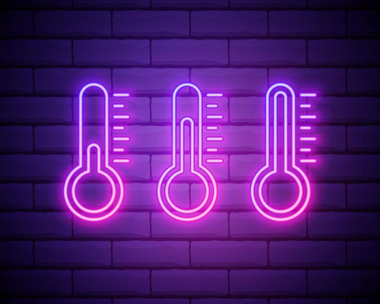 gloeiende neon meteorologie thermometer meten pictogram geïsoleerd op bakstenen muur achtergrond. thermometerapparatuur met warm of koud weer. vector illustratie