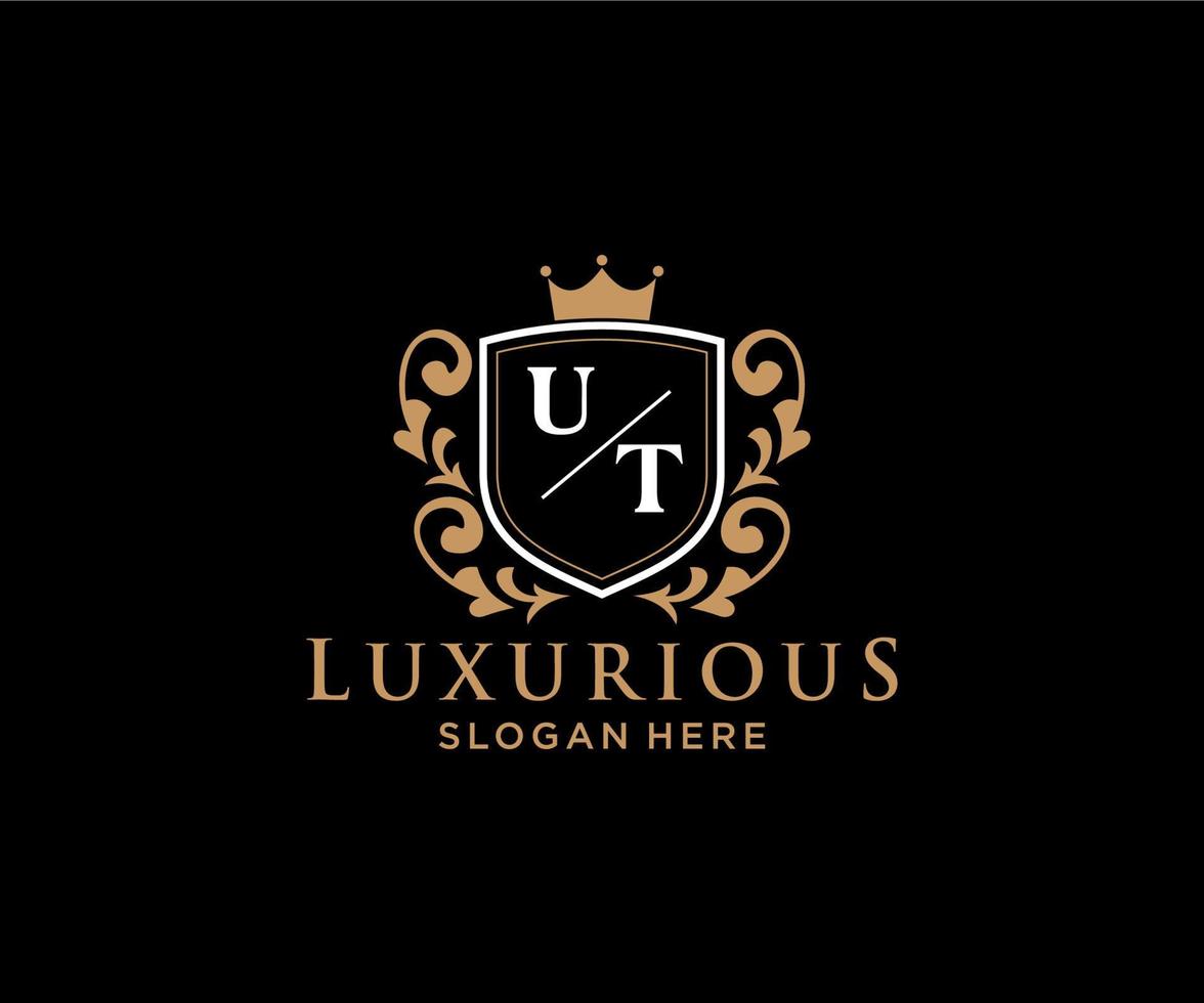 eerste ut brief Koninklijk luxe logo sjabloon in vector kunst voor restaurant, royalty, boetiek, cafe, hotel, heraldisch, sieraden, mode en andere vector illustratie.