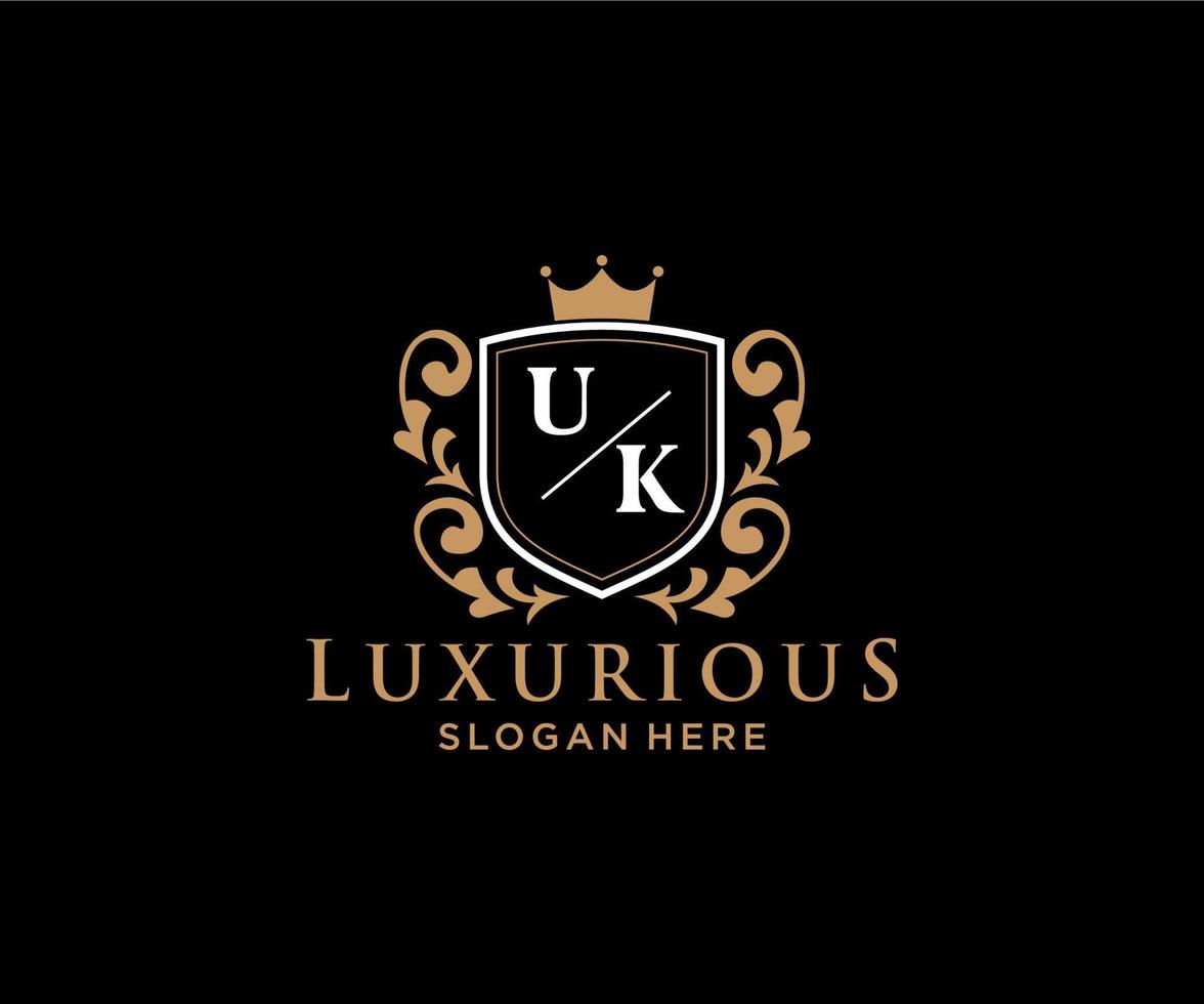 eerste uk brief Koninklijk luxe logo sjabloon in vector kunst voor restaurant, royalty, boetiek, cafe, hotel, heraldisch, sieraden, mode en andere vector illustratie.