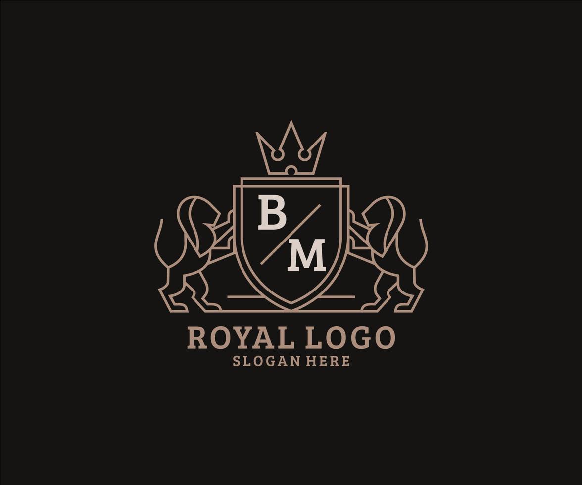 eerste bm brief leeuw Koninklijk luxe logo sjabloon in vector kunst voor restaurant, royalty, boetiek, cafe, hotel, heraldisch, sieraden, mode en andere vector illustratie.
