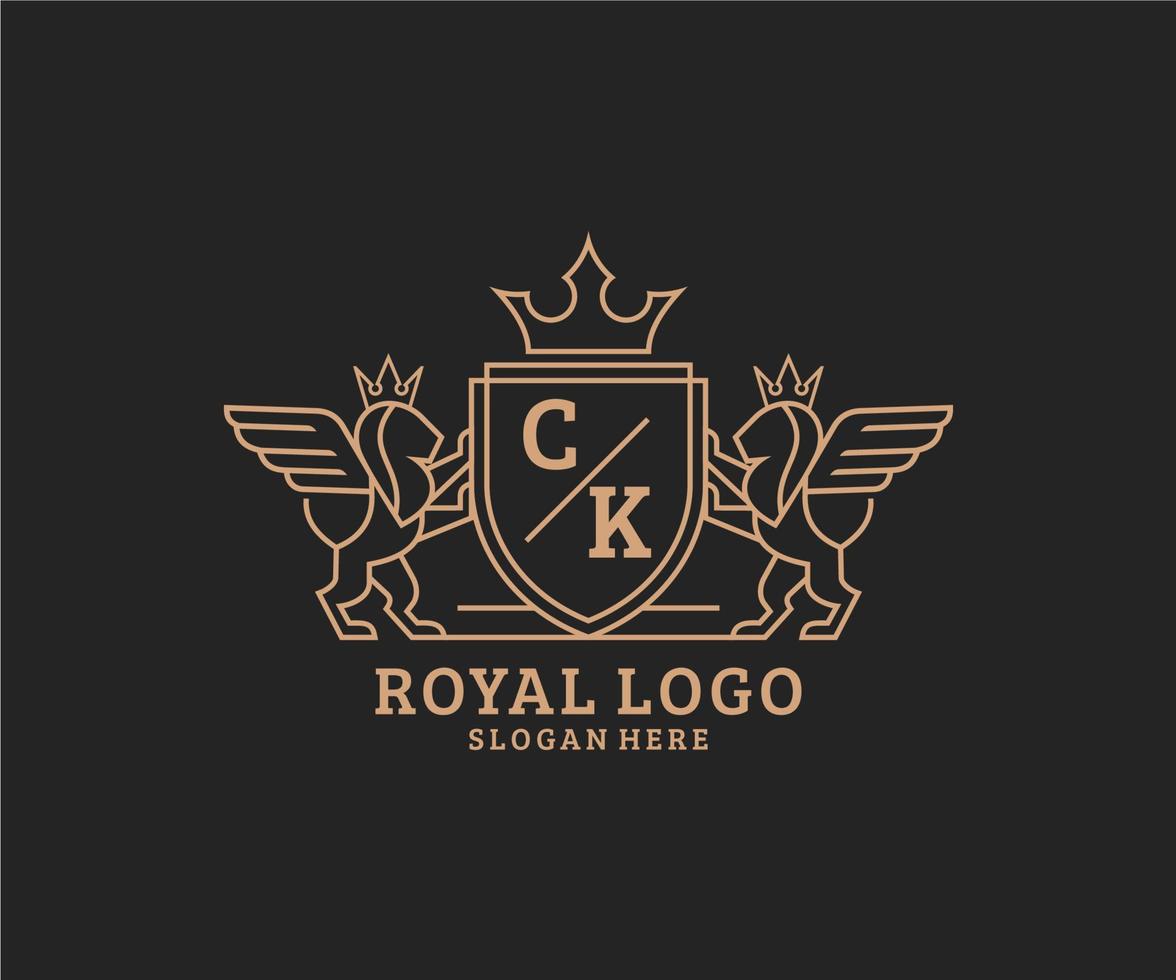 eerste ck brief leeuw Koninklijk luxe heraldisch, wapen logo sjabloon in vector kunst voor restaurant, royalty, boetiek, cafe, hotel, heraldisch, sieraden, mode en andere vector illustratie.