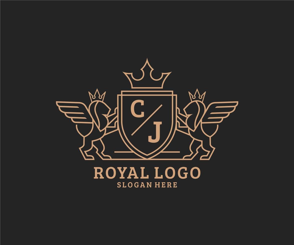 eerste cj brief leeuw Koninklijk luxe heraldisch, wapen logo sjabloon in vector kunst voor restaurant, royalty, boetiek, cafe, hotel, heraldisch, sieraden, mode en andere vector illustratie.