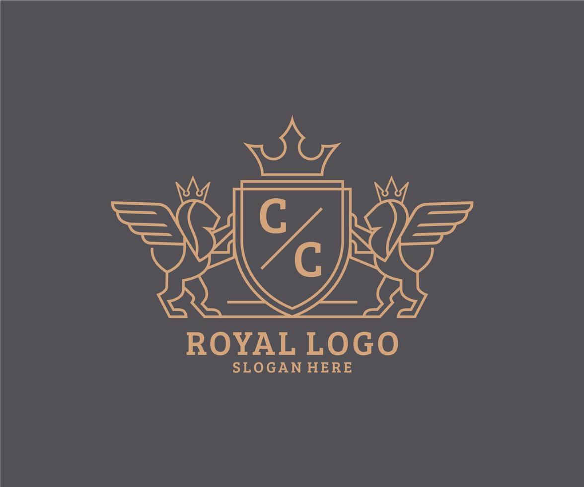 eerste cc brief leeuw Koninklijk luxe heraldisch, wapen logo sjabloon in vector kunst voor restaurant, royalty, boetiek, cafe, hotel, heraldisch, sieraden, mode en andere vector illustratie.