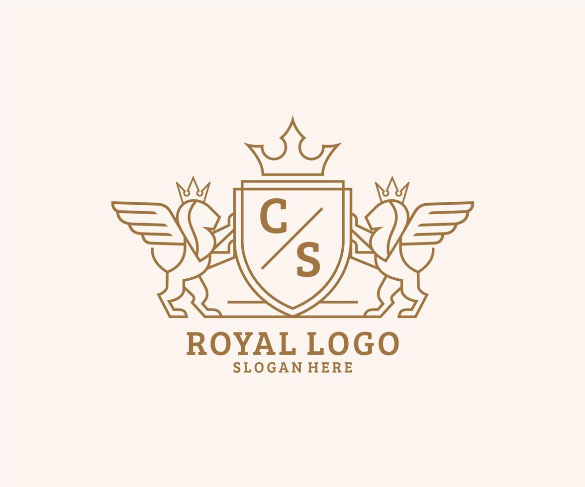 eerste cs brief leeuw Koninklijk luxe heraldisch, wapen logo sjabloon in vector kunst voor restaurant, royalty, boetiek, cafe, hotel, heraldisch, sieraden, mode en andere vector illustratie.