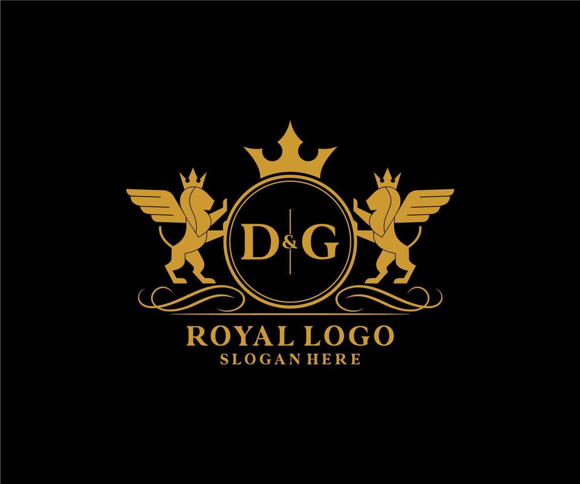 eerste dg brief leeuw Koninklijk luxe heraldisch, wapen logo sjabloon in vector kunst voor restaurant, royalty, boetiek, cafe, hotel, heraldisch, sieraden, mode en andere vector illustratie.