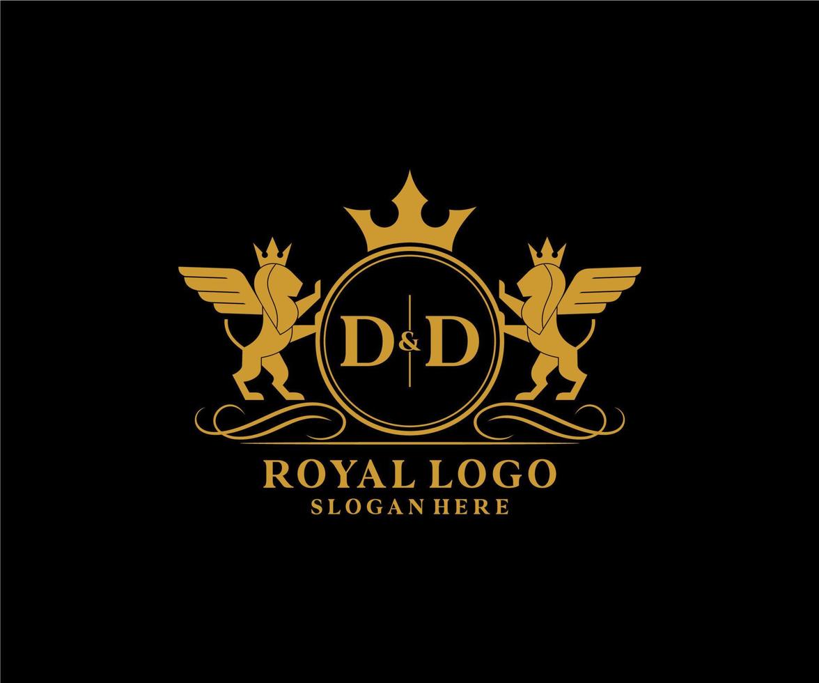 eerste dd brief leeuw Koninklijk luxe heraldisch, wapen logo sjabloon in vector kunst voor restaurant, royalty, boetiek, cafe, hotel, heraldisch, sieraden, mode en andere vector illustratie.