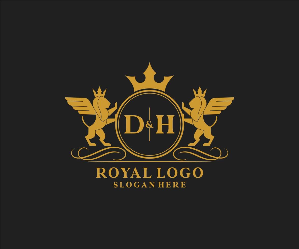 eerste dh brief leeuw Koninklijk luxe heraldisch, wapen logo sjabloon in vector kunst voor restaurant, royalty, boetiek, cafe, hotel, heraldisch, sieraden, mode en andere vector illustratie.