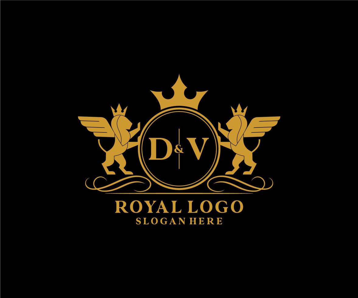 eerste dv brief leeuw Koninklijk luxe heraldisch, wapen logo sjabloon in vector kunst voor restaurant, royalty, boetiek, cafe, hotel, heraldisch, sieraden, mode en andere vector illustratie.