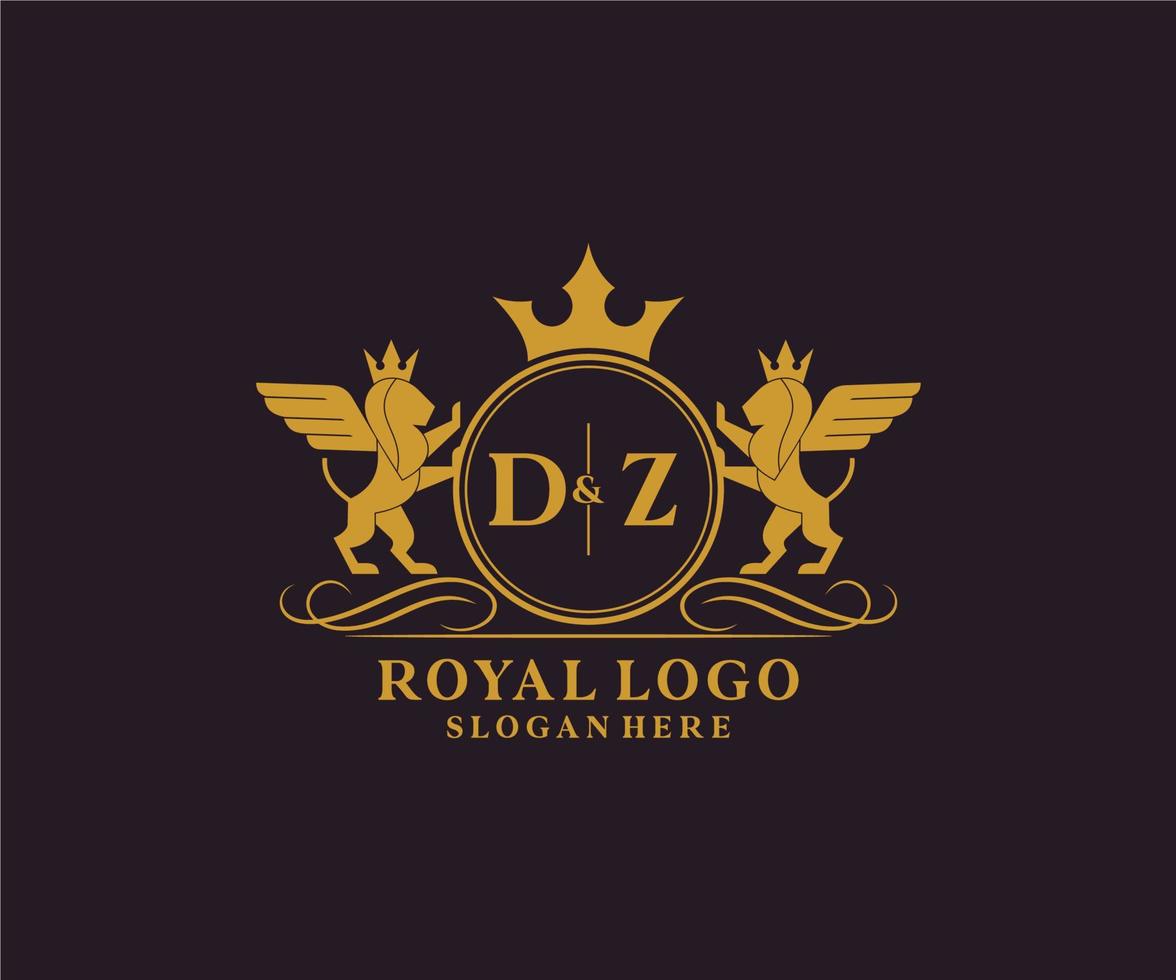 eerste dz brief leeuw Koninklijk luxe heraldisch, wapen logo sjabloon in vector kunst voor restaurant, royalty, boetiek, cafe, hotel, heraldisch, sieraden, mode en andere vector illustratie.