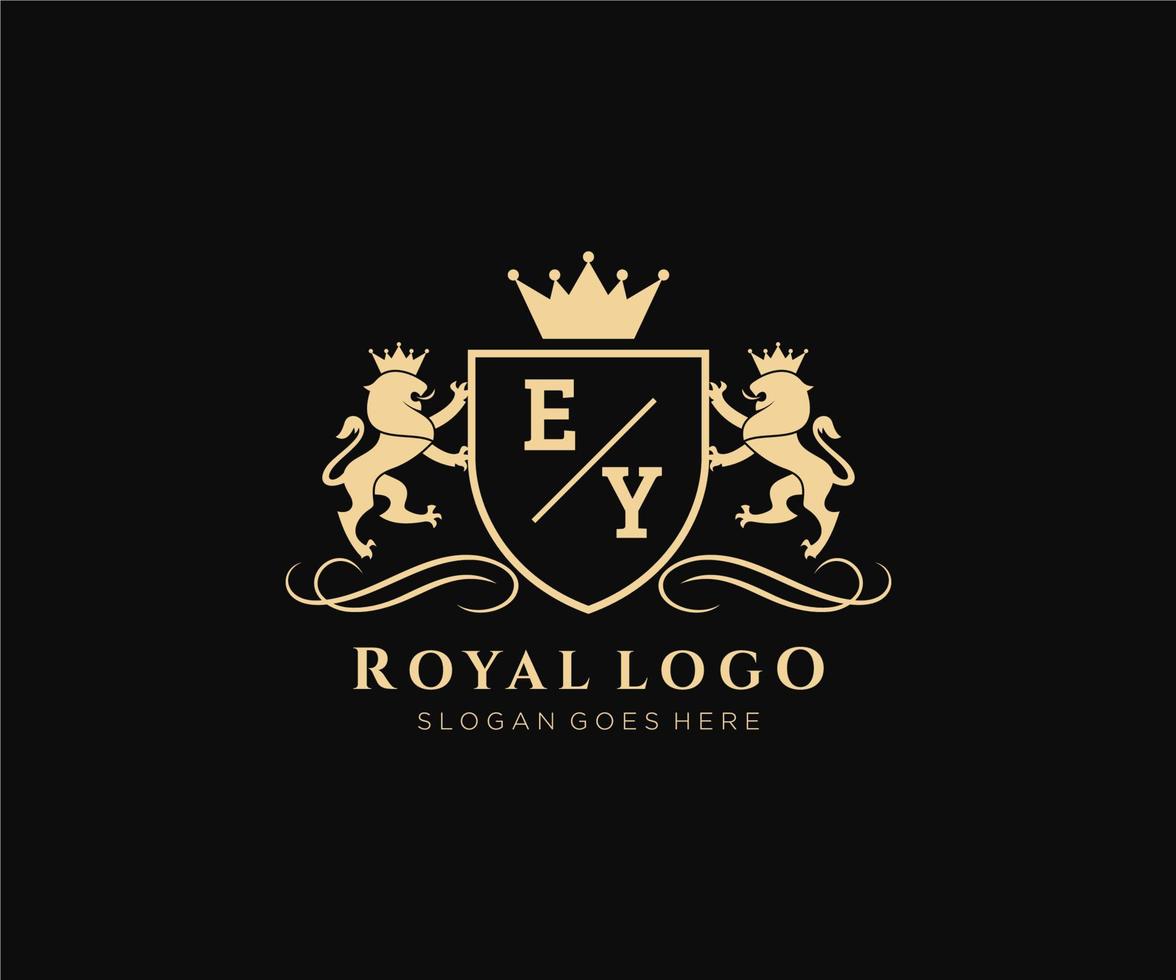 eerste ey brief leeuw Koninklijk luxe heraldisch, wapen logo sjabloon in vector kunst voor restaurant, royalty, boetiek, cafe, hotel, heraldisch, sieraden, mode en andere vector illustratie.