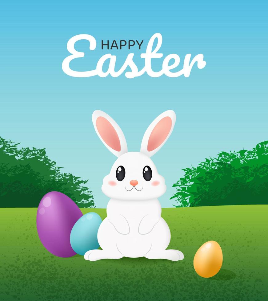 gelukkig Pasen kaart met schattig wit konijn en eieren. vector illustratie met tekenfilm konijn Aan groen veld. kleurrijk kaart, banier, poster sjabloon.