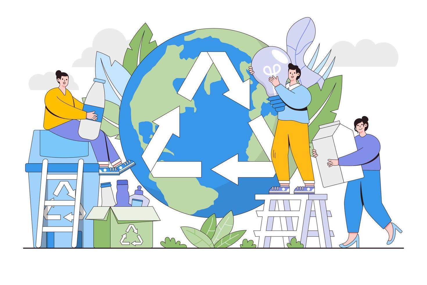 mensen helpen naar schoon de wereld door recycling en sorteren verspilling voor beter omgeving. milieu en aarde dag vector tekenfilm illustratie voor landen bladzijde, web banier, held afbeeldingen