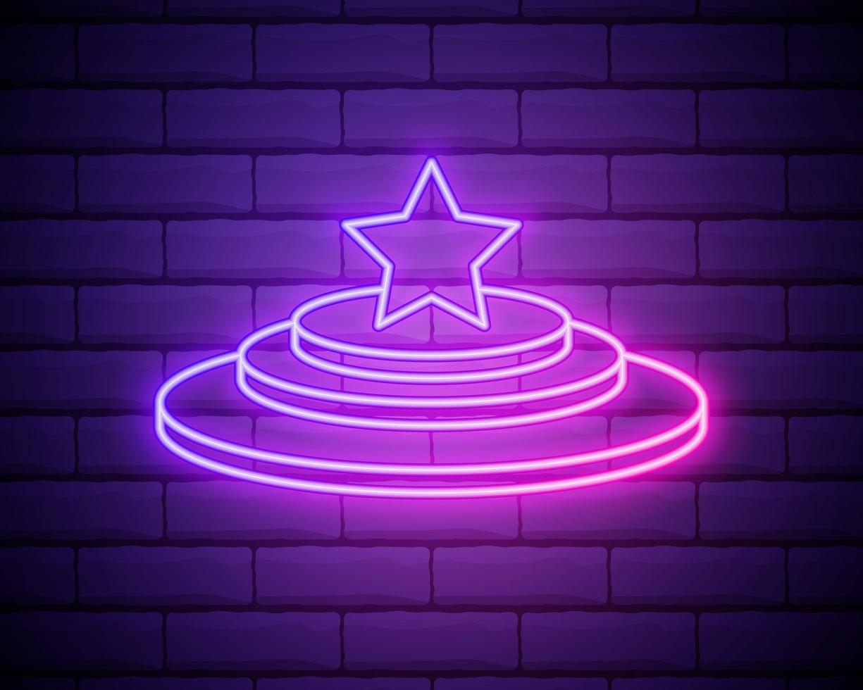 sport winnaars podium. platte stijlicoon. roze neon pictogram geïsoleerd op bakstenen muur. wazige bliksem. illustratie. vector