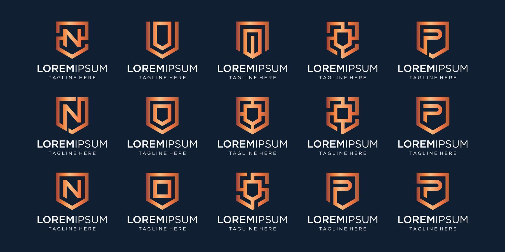 reeks van brief n p v monogram en schild teken combinatie. lijn kunst logo ontwerp. symboliseert betrouwbaarheid, veiligheid, stroom, veiligheid. luxe logo. vector