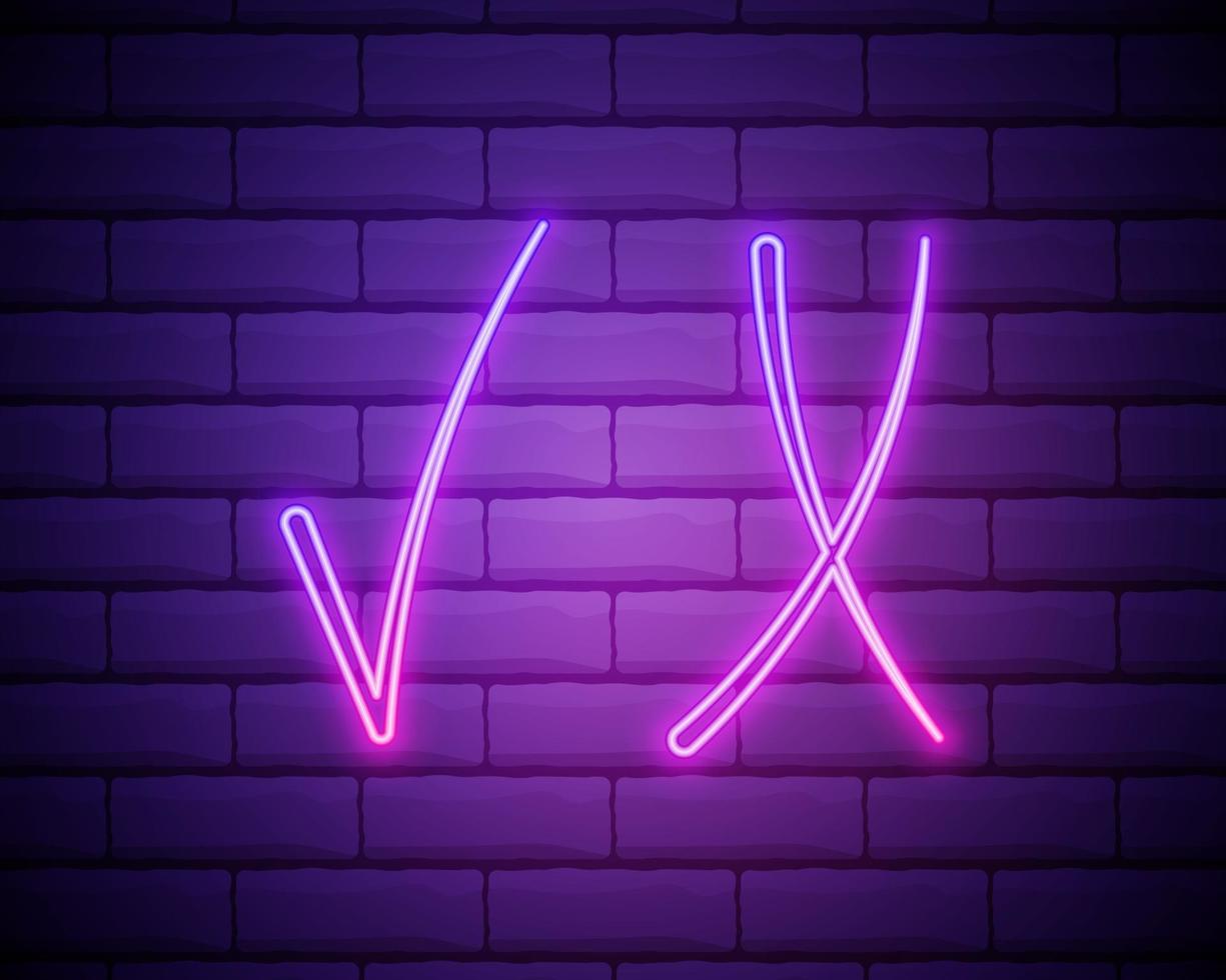 pictogram controleren. checklist knop neon uithangbord, ontwerpsjabloon, modern trendontwerp, nacht neon uithangbord, nacht helder reclame, licht banner, licht kunst. elementen van web in multi kleur stijliconen geïsoleerd op bakstenen muur vector