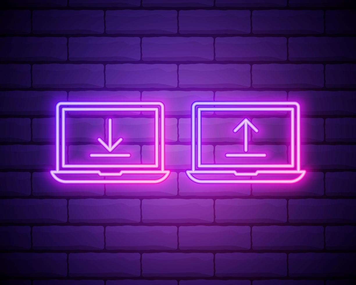 download en upload lijnpictogram. neon laserlichten. internet downloaden met laptop-teken. bestandssymbool laden. banner badge met pictogram voor downloaden van internet. vector geïsoleerd op bakstenen muur.