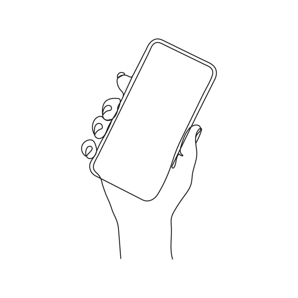 hand- Holding mobiele telefoon, smartphone. een lijn kunst. persoon Holding apparaat. hand- getrokken vector illustratie.