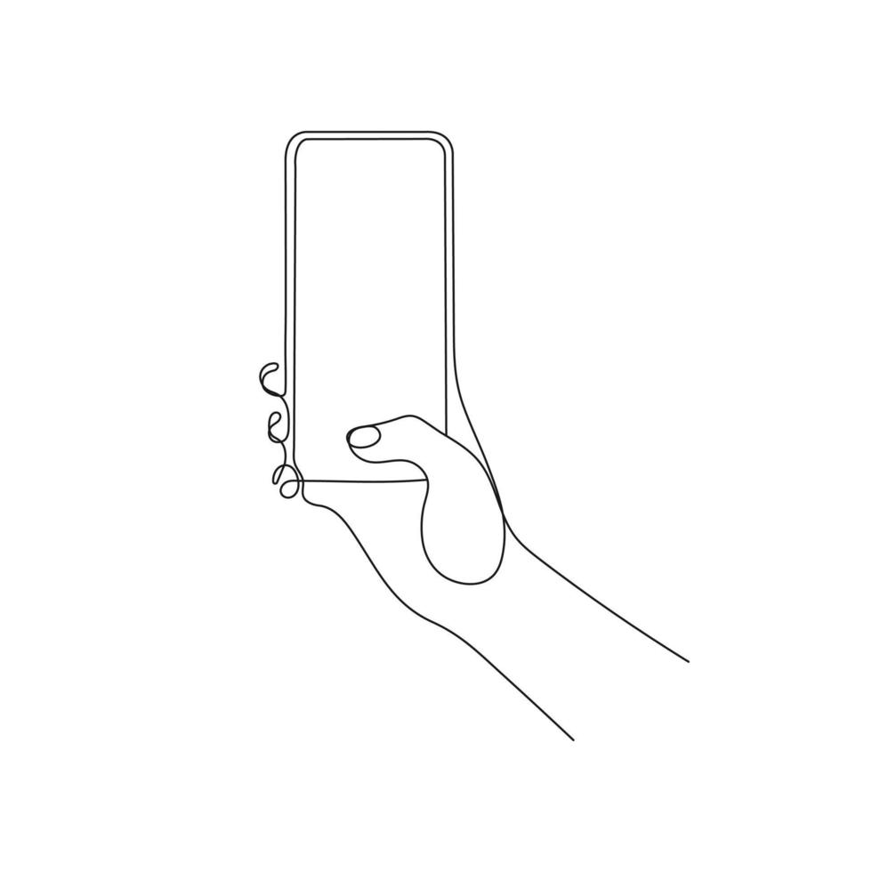 hand- Holding en tintje de scherm van smartphone. een lijn kunst. persoon Holding apparaat. hand- getrokken vector illustratie.