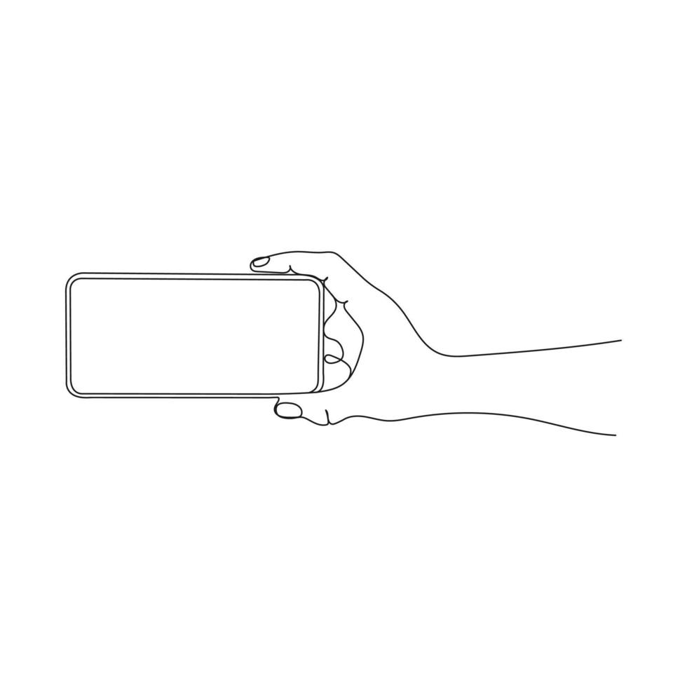 hand- Holding mobiel telefoon naar maken afbeelding. een lijn kunst. persoon Holding apparaat. hand- getrokken vector illustratie.