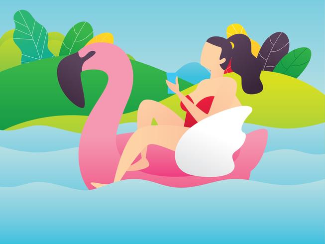 Vrouwtje op opblaasbare Flamingo vector