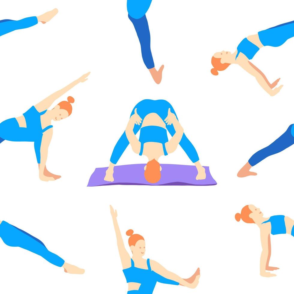 opleiding in yoga houding van rad haar- Europese meisje in blauw trainingspak Aan een Purper mat. pilates, sport, Gezondheid. vrouw, dame, vrouw. vector illustratie in tekenfilm vlak stijl geïsoleerd Aan wit achtergrond.