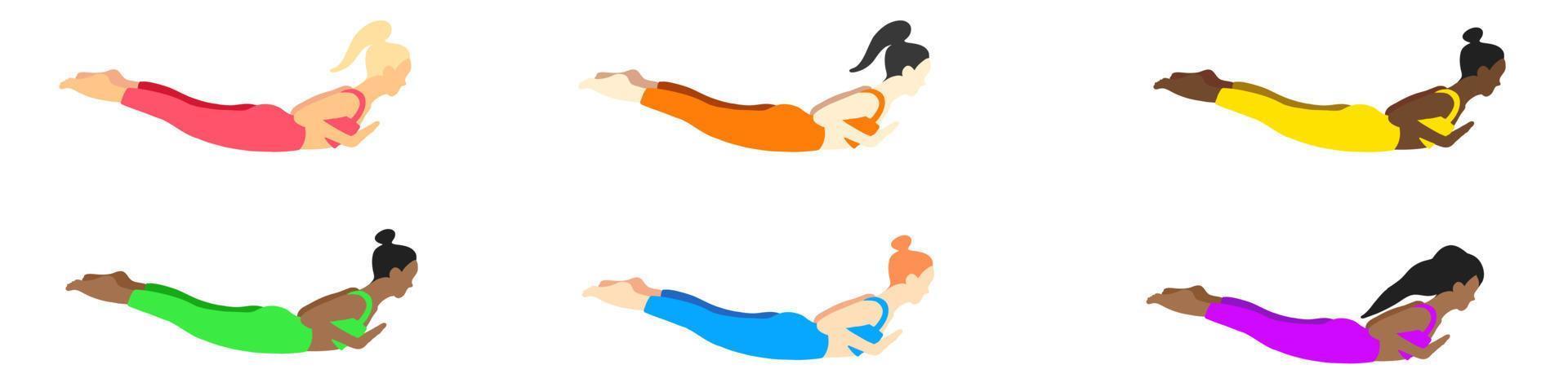 flexibiliteit yoga poses verzameling. Europese, Afrikaanse, Aziatisch vrouw, dame, vrouw, meisje. pilates, mentaal Gezondheid, opleiding, Sportschool. vector illustratie in tekenfilm vlak stijl geïsoleerd Aan wit achtergrond.