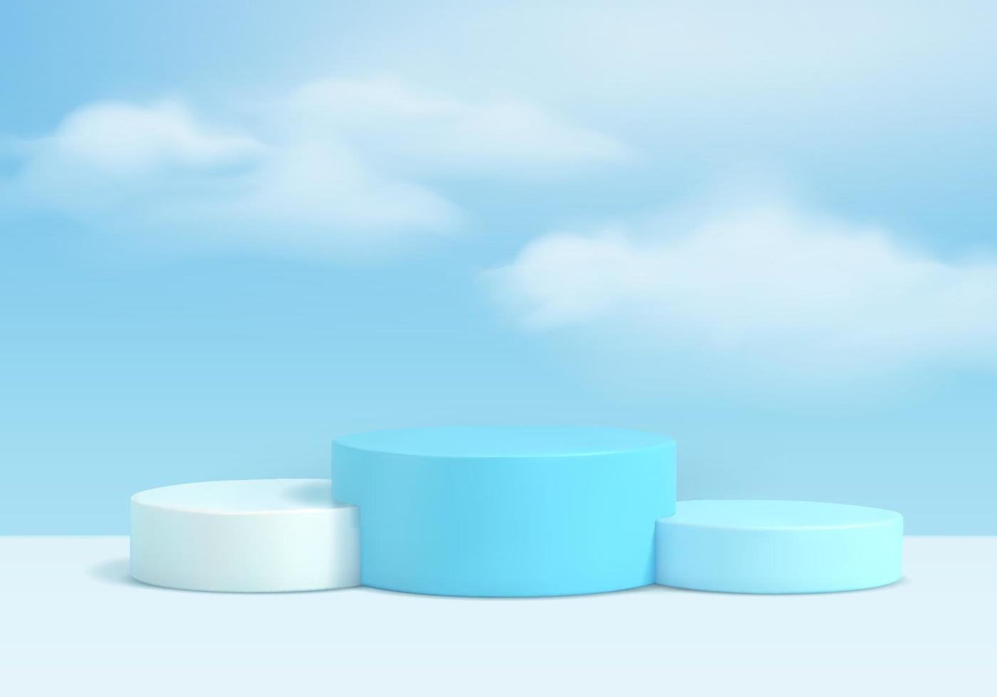 3d achtergrondproducten minimale podiumscène met wolkenplatform. achtergrond vector 3D-rendering met podium. staan om cosmetische producten te laten zien. etalage vitrine op sokkel moderne studio blauw pastel