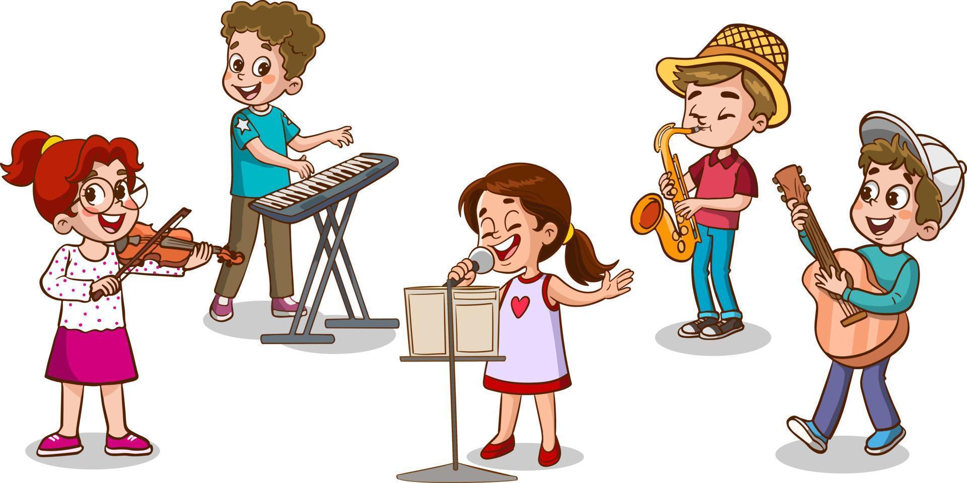 tekenfilm groep van kinderen het zingen en dansen in de school- koor vector