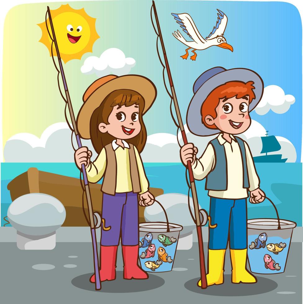 kinderen visvangst in de zee tekenfilm vector