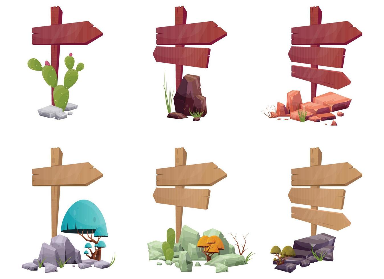 houten directioneel teken borden met woestijn rotsen en planten in tekenfilm stijl vector illustratie geïsoleerd Aan wit