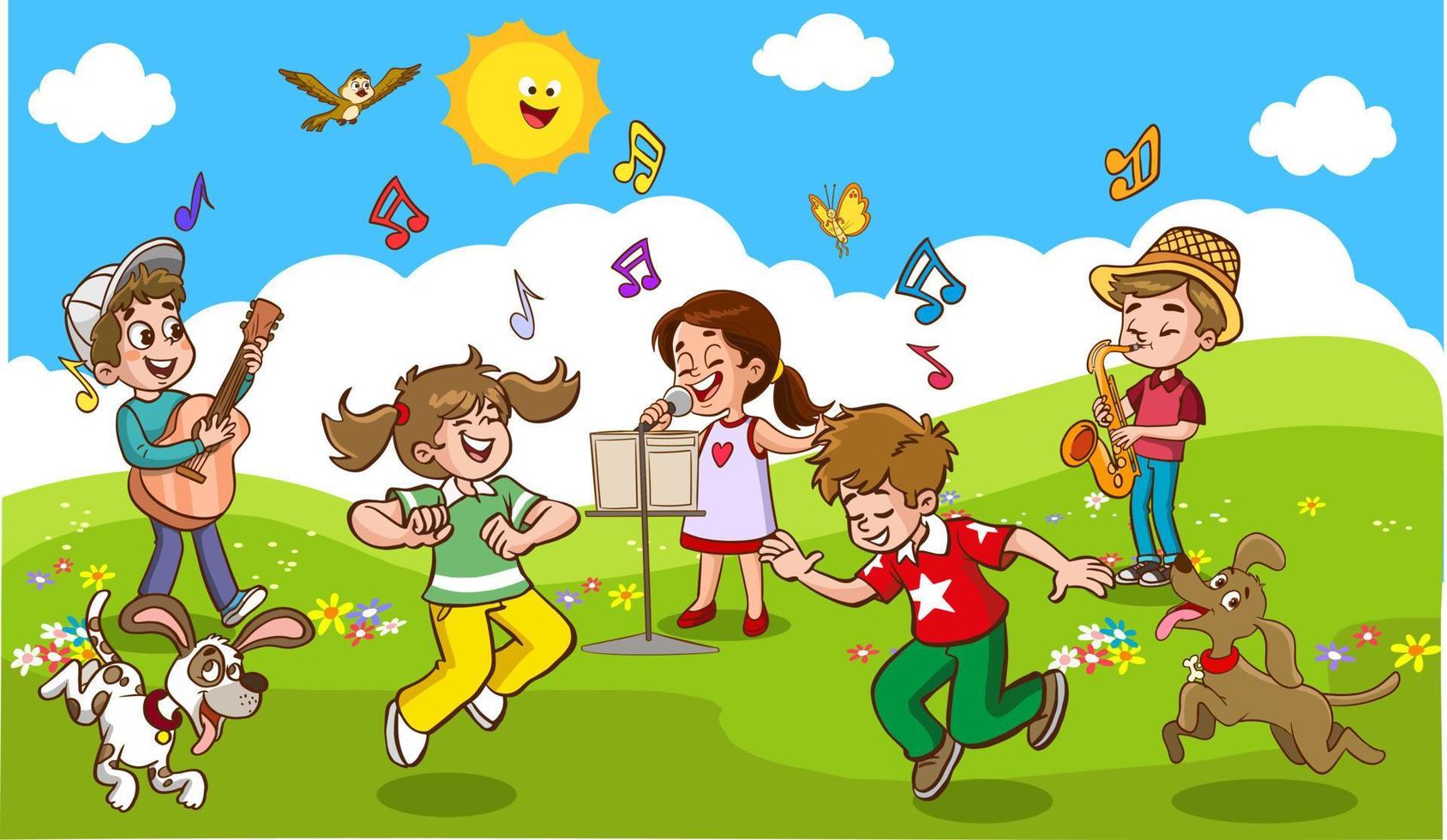 tekenfilm groep van kinderen het zingen en dansen in de school- koor vector