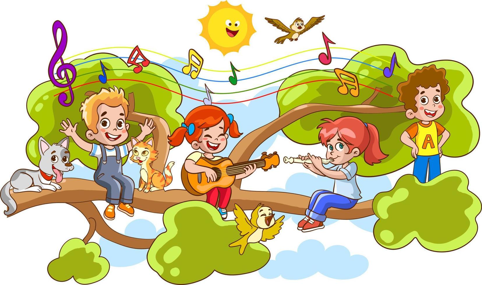 kinderen hing Aan een boom Afdeling Aan zonnig dag tekenfilm vector