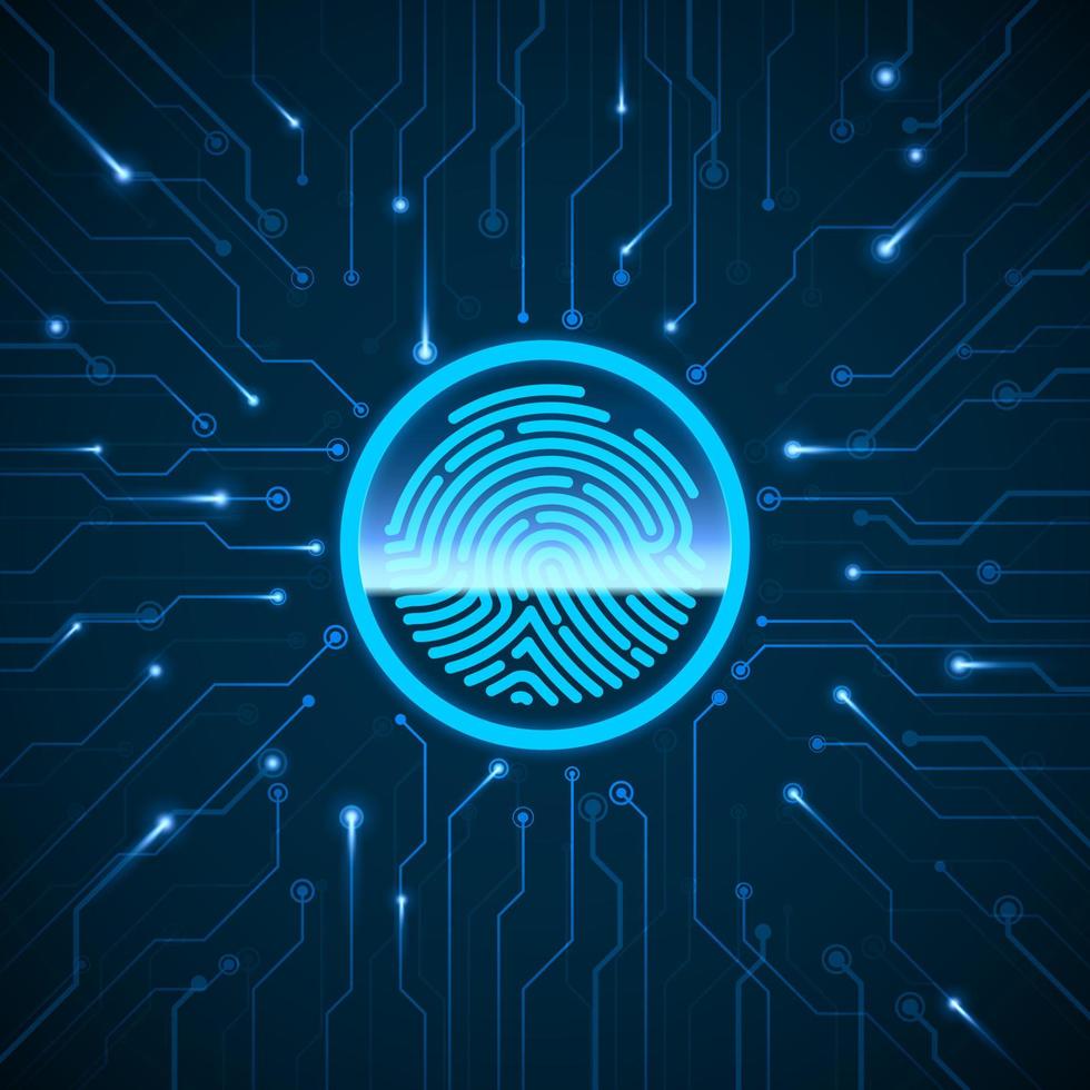 cyber veiligheid. vingerafdruk scannen identificatie systeem. vinger afdrukken gescand Aan circuit. biometrisch autorisatie en veiligheid concept. vector illustratie