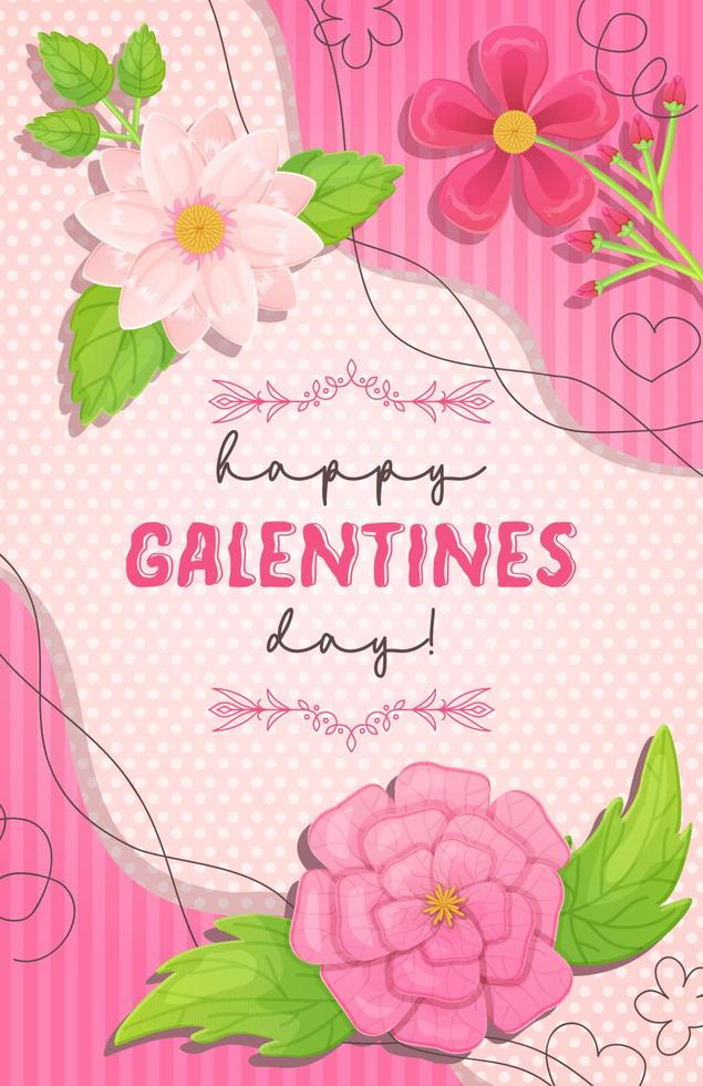 roze bloem gelukkig galentines dag groet kaart. voorraad vector illustratie in tekenfilm stijl.