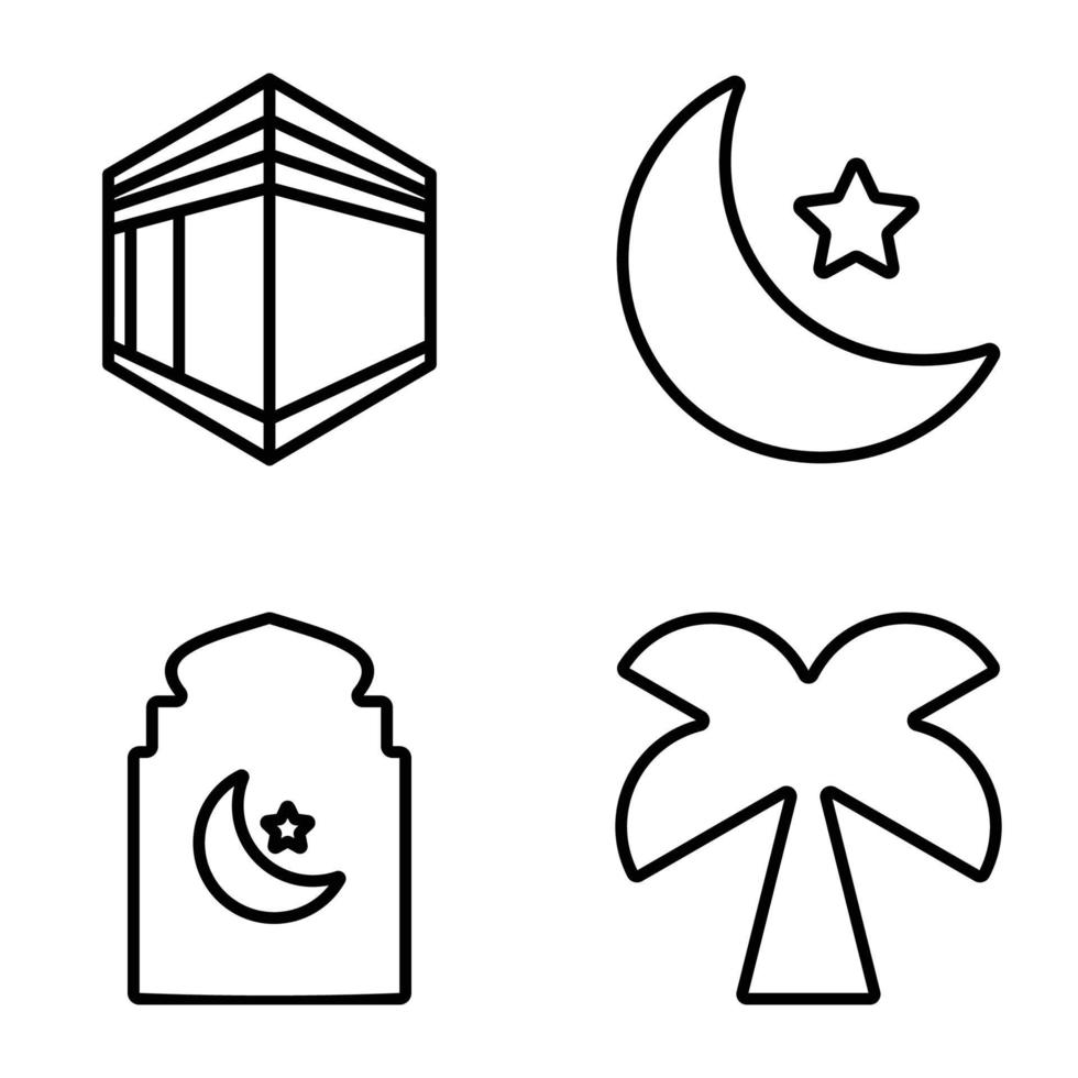 Islam icoon reeks wit achtergrond lijn ontwerp, vector illustratie van moskee, ka'aba, ster maan, ornament.