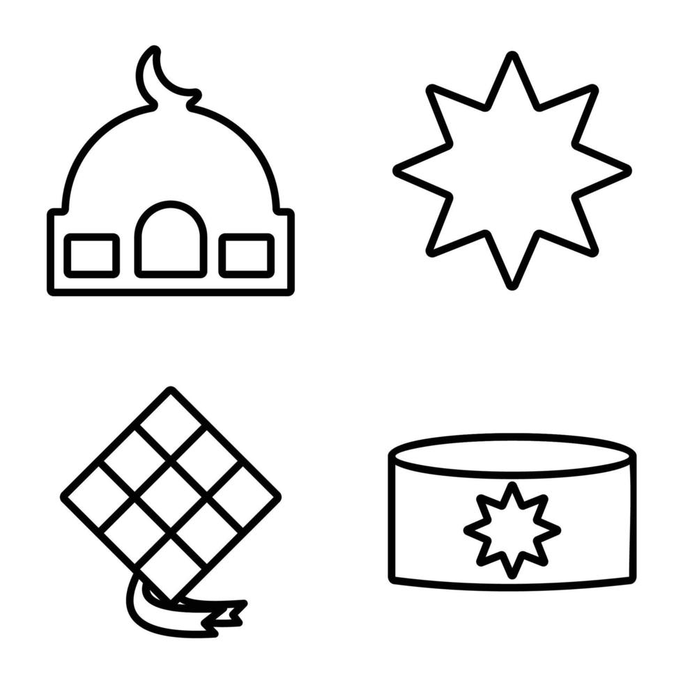 Islam icoon reeks wit achtergrond lijn ontwerp, vector illustratie van moskee, ster maan, tasbih, ketupat, ornament.