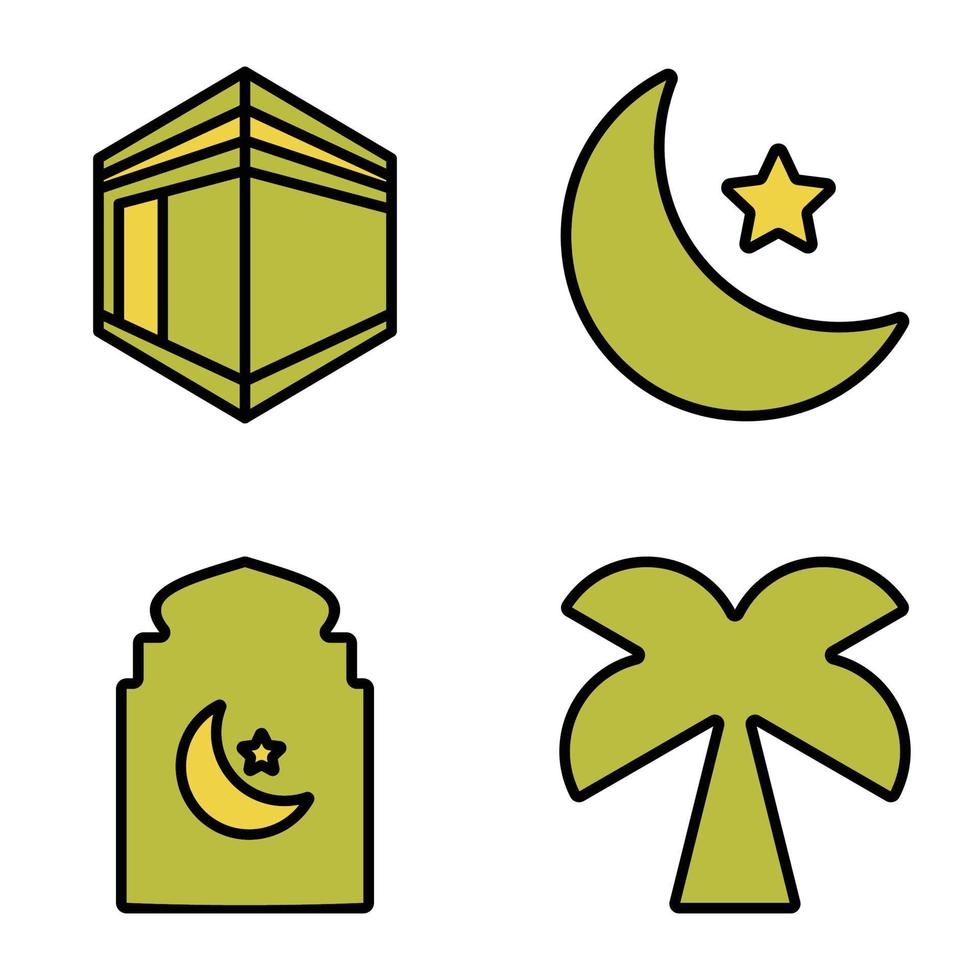 reeks van Islamitisch pictogrammen vlak ontwerp wit achtergrond, vector illustratie van moskee, ka'aba, ster maan, palm, ornament.