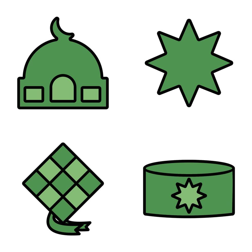 reeks van Islamitisch pictogrammen vlak ontwerp wit achtergrond, vector illustratie van moskee, ster maan, ketupat, ornament.