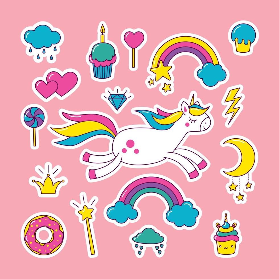 een reeks van stickers met een schattig pony, snoepjes, cupcakes en een regenboog met wolken. vector