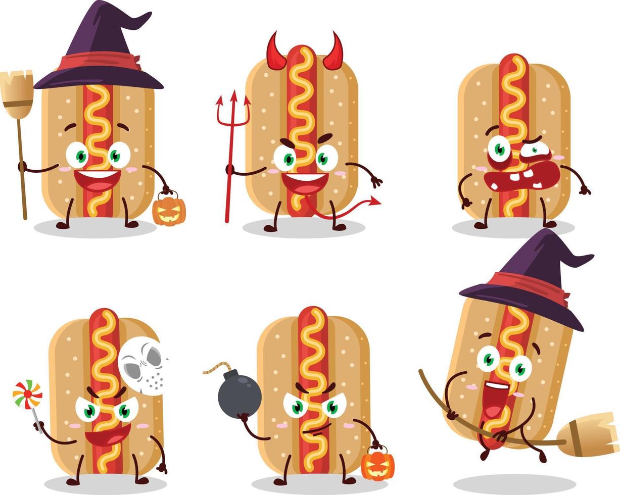 halloween uitdrukking emoticons met tekenfilm karakter van hotdog vector