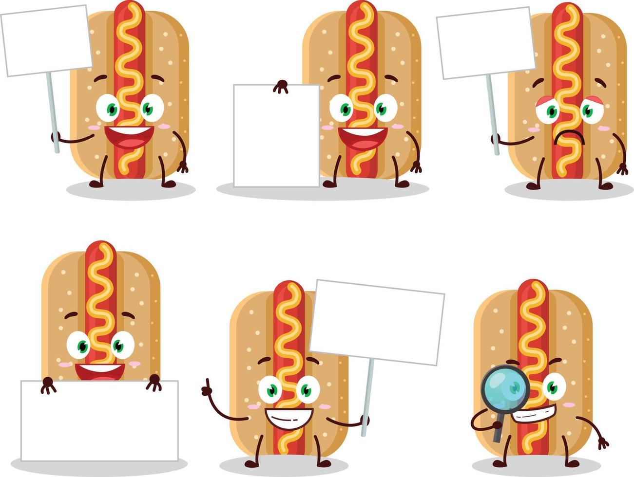 hotdog tekenfilm in karakter brengen informatie bord vector