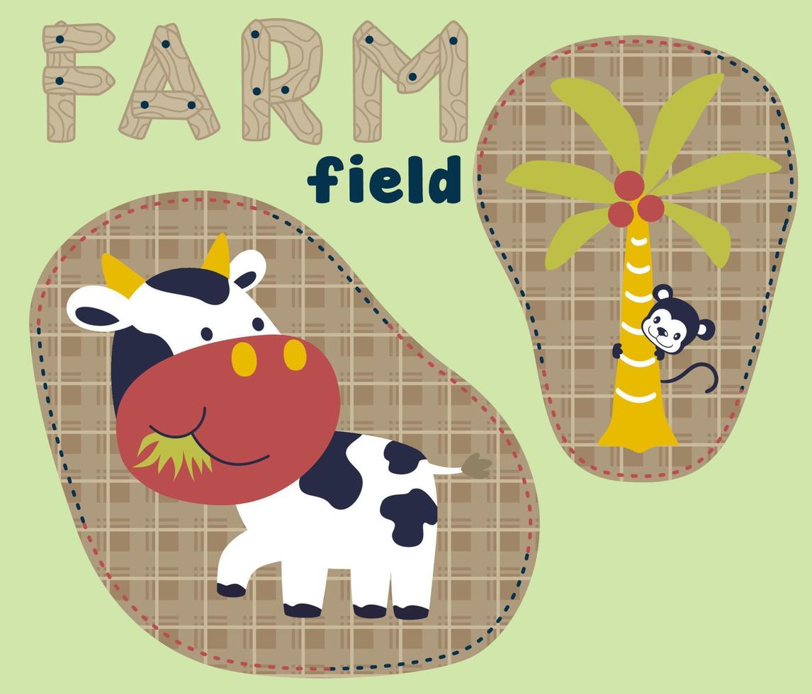 boerderij veld- dieren, koe en aap Aan gestreept achtergrond, vector tekenfilm illustratie