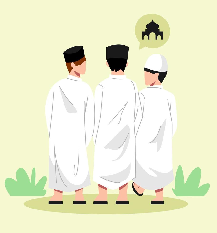 een groep van moslim jongens zijn wandelen en pratend gaan naar moskee terug visie. vlak vector illustratie.
