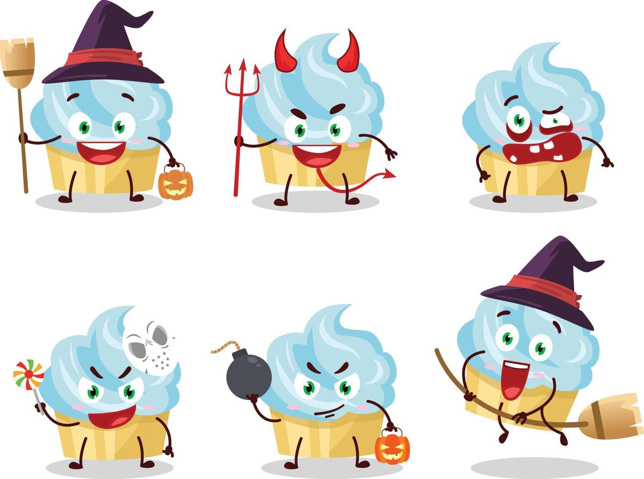 halloween uitdrukking emoticons met tekenfilm karakter van vanille taart vector