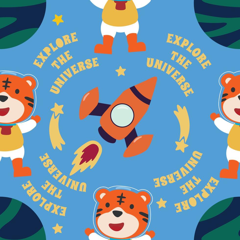 vector naadloos patroon met schattig weinig tijger astronaut, raket en sterren. creatief vector kinderachtig achtergrond voor kleding stof, textiel, kinderkamer behang, poster, brochure vector illustratie