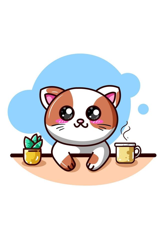 een gelukkige kat met koffie en sierplant kawaii cartoon vector