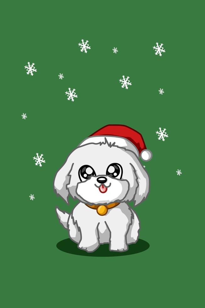 een witte hond met kerstmuts op groene achtergrond vector