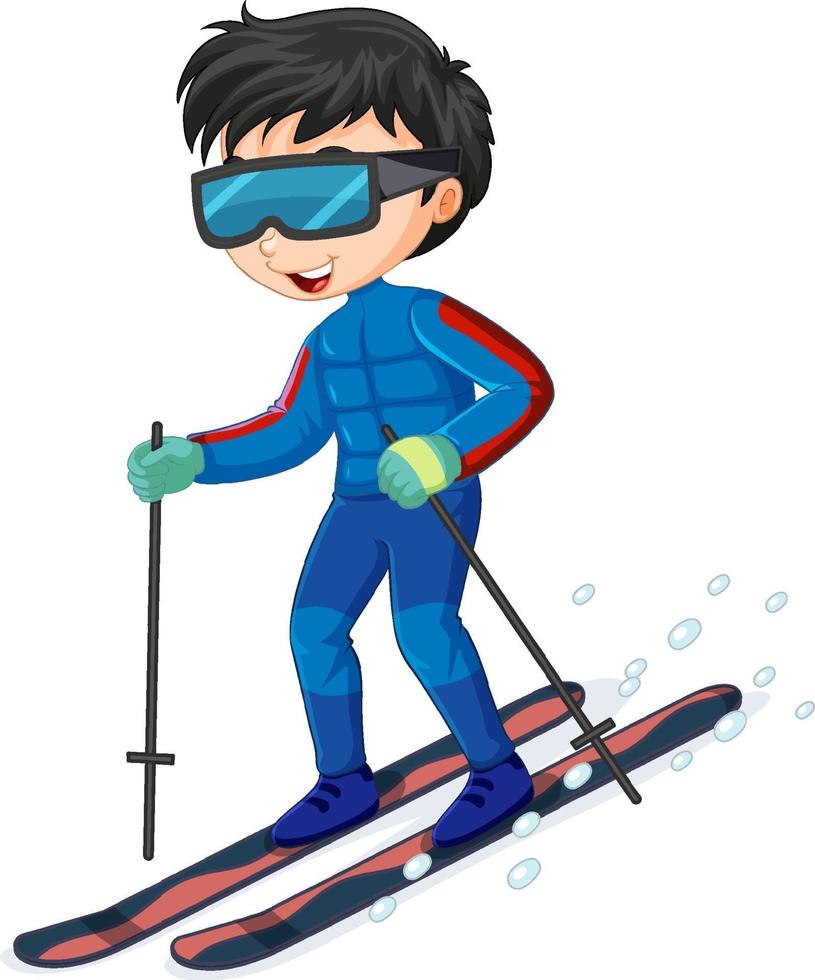stripfiguur van een jongen rijden ski op witte achtergrond vector