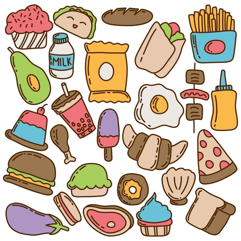 kleurrijke voedsel doodle icon pack vector